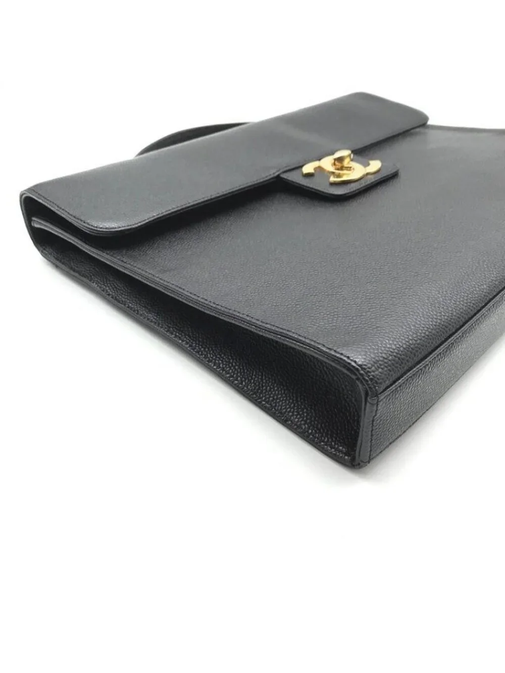 Chanel CC Logo Turnlock Caviar Leather Business Hand Bag Black